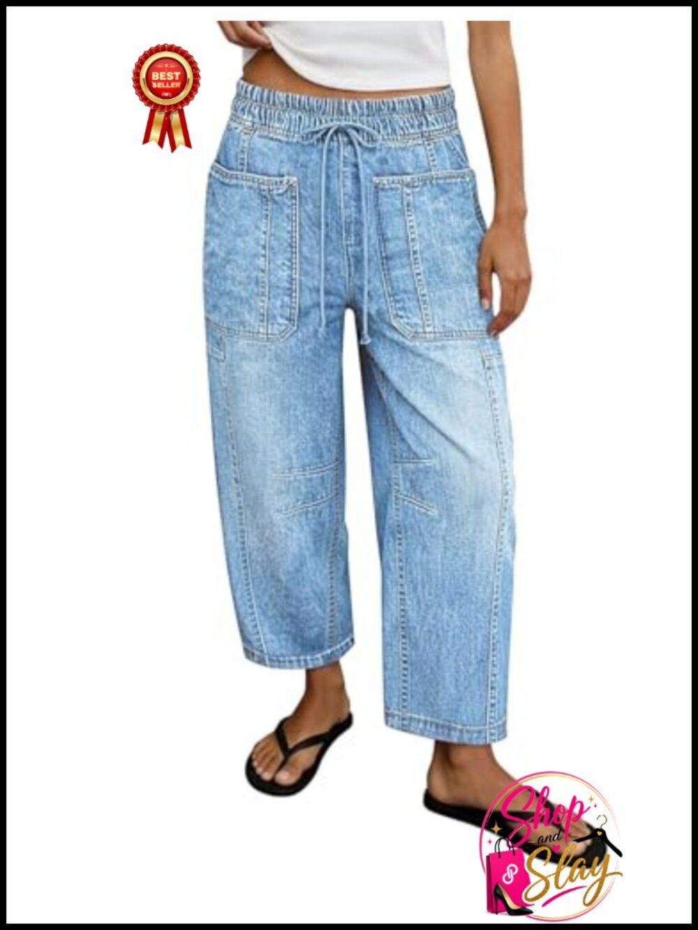 Barrel Leg High Waist Jeans with Drawstring and Patch Pockets